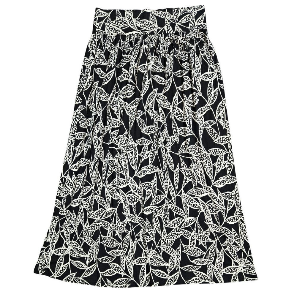 Coldwater Creek Black Tan Leaf Pull On Wide Waistband Maxi Skirt Boho Earthy